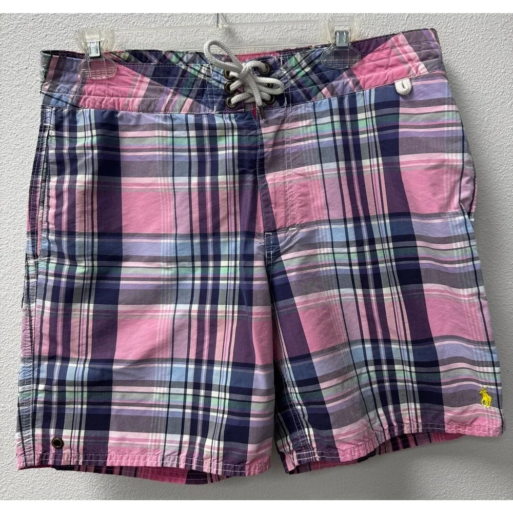 Polo Ralph Lauren Mens Swim Trunks Pink Purple Plaid Board Shorts 32 Inseam 7